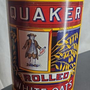 Vintage Quaker Oat Oatmeal Tin Food Storage Container Cylinder Tube